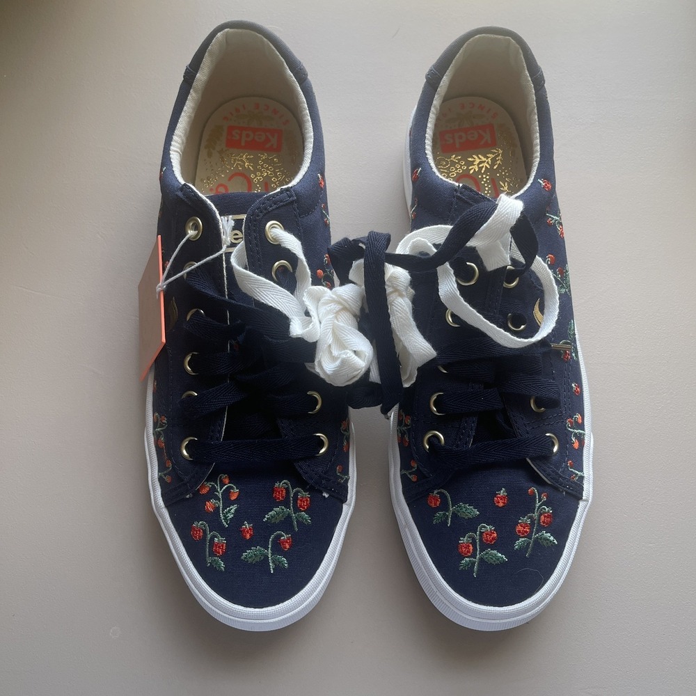 Keds x Rifle Paper Co Embroidered Sneakers Womens 9.5 Navy Strawberry Brand New